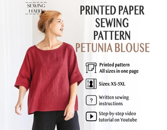PRINTED PAPER sewing pattern, blouse with cuffs, Petunia top for women, shift top, easy sewing pattern, linen cotton, Sewing Habit
