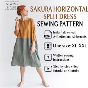 Linen dress pattern, Kimono pdf pattern SAKURA, XL-XXL size, sewing habit, linen dress, capsule wardrobe, with pockets