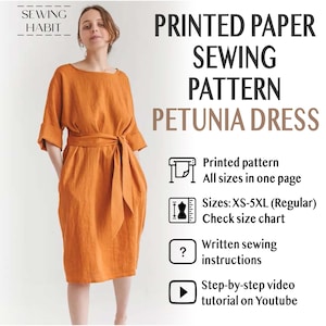 PAPER loose dress for women sewing pattern, shift dress with cuffs, Midi dress, easy sewing pattern, linen sewing, Sewing Habit
