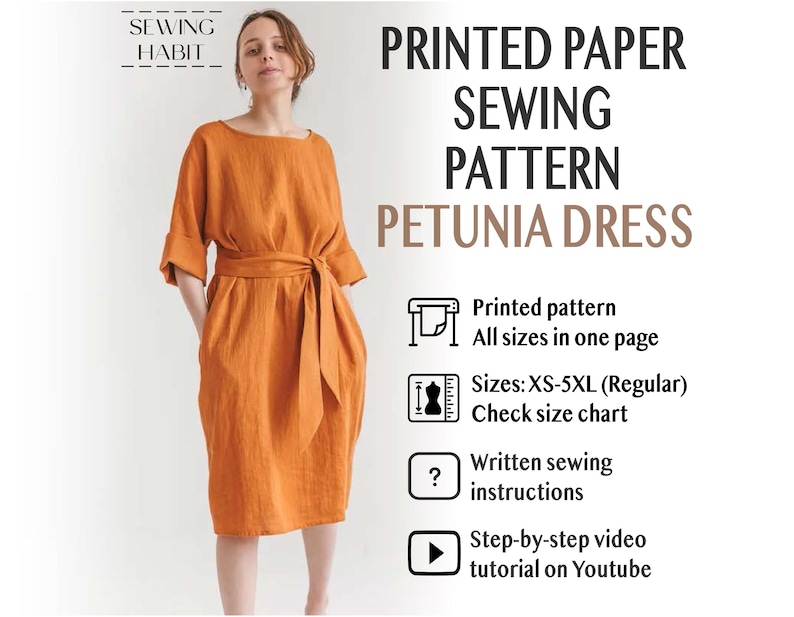 May include: An orange Petunia dress, a sewing pattern, is shown on a woman. The dress has a tie-waist and elbow-length sleeves. The image includes text that says "Printed Paper Sewing Pattern Petunia Dress". The pattern includes sizes XS-5XL.