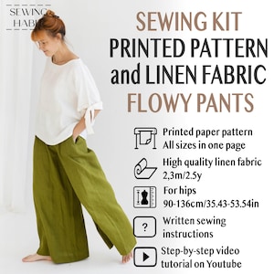 May include: A woman wearing a white top and olive green flowy pants. The image promotes a sewing kit for flowy pants, including a printed pattern, high-quality linen fabric, and instructions. The kit is designed for hips measuring 35.43-53.54 inches.