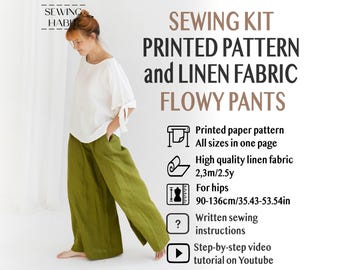 SEWING KIT with fabric, wide palazzo pants stitch kit, paper pattern and linen fabric, all in one box, linen craft set, sewing project