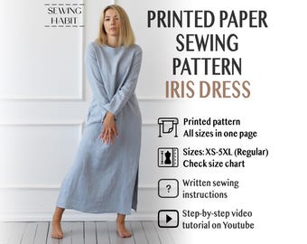 PRINTED PAPER Long dress sewing pattern, Shift dress for women with slits, three sleeve lengths, linen sewing, Sewing Habit