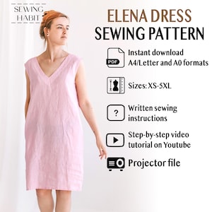 Könnte beinhalten: Ein ärmelloses, hellrosa Leinenkleid mit V-Ausschnitt, Teil des "ELENA DRESS SEWING PATTERN". Das Schnittmuster beinhaltet Sofort-Download in A4/Letter und A0 Formaten, Größen XS-5XL, schriftliche Anleitungen und ein YouTube-Tutorial.