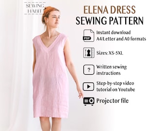 Sewing pattern for women, Shift dress, Open back dress pattern, ELENA midi linen sleeveless dress, projector, Sewing Habit, quick project