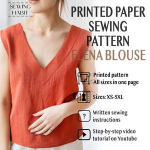 Puede incluir: Se muestra una blusa Elena sin mangas de color óxido. La imagen promociona un patrón de costura en papel impreso. El patrón incluye tallas XS-5XL, instrucciones escritas y un tutorial en vídeo de YouTube.