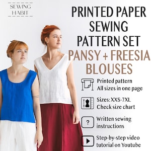 May include: Two women wearing blouses, one in a blue top and white trousers, the other in a white top and red skirt. The image includes text: "PRINTED PAPER SEWING PATTERN SET PANSY + FREESIA BLOUSES". The pattern set includes sizes XXS-7XL.