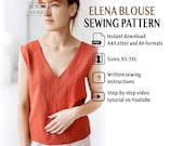 Linen shift blouse for women sewing pattern, ELENA sleeveless blouse, tuck in blouse, beginner DIY project, loose fit, minimal design,