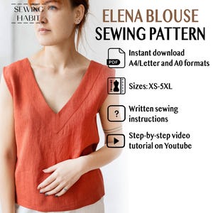 May include: A sleeveless, orange-red blouse with a deep V-neck. The image features text stating "ELENA BLOUSE SEWING PATTERN" and information about the pattern, including sizes XS-5XL, instant download, and a video tutorial.
