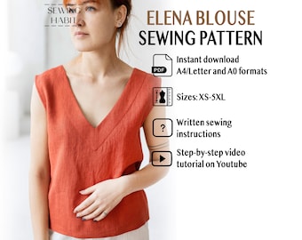 Linen shift blouse for women sewing pattern, ELENA sleeveless blouse, tuck in blouse, beginner DIY project, loose fit, minimal design,