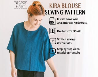 Loose blouse sewing pattern for women, KIRA top, shift style, Kimono sleeves, linen clothing for women, Sewing Habit, boxy