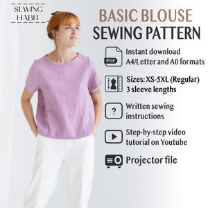 以下が含まれることがあります： ライラック色のブラウスと白いパンツを着た女性。画像には「BASIC BLOUSE SEWING PATTERN」というテキストと、サイズ、袖丈、フォーマットなどのパターンに関する詳細が含まれています。