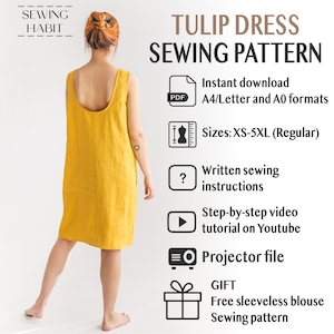 Shift linen dress pattern for women, TULIP, Midi sleeveless shift dress, pdf Sewing, easy sewing pattern, linen dress sewing, Sewing Habit