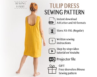 Shift linen dress pattern for women, TULIP, Midi sleeveless shift dress, pdf Sewing, easy sewing pattern, linen dress sewing, Sewing Habit