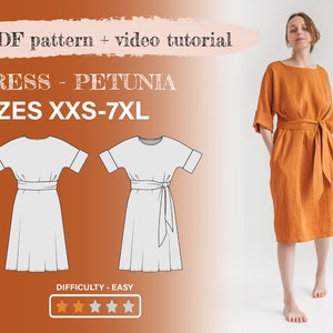 Linen dress pattern PETUNIA Midi Kimono with belt for women, PDF Sewing, All Sizes set XXS-7XL, instant download digital diy video tutorial