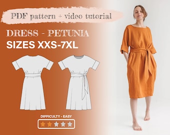 Patron de robe en lin PETUNIA Midi Kimono avec ceinture pour femme, PDF Couture, Ensemble de toutes les tailles XXS-7XL, tutoriel vidéo de bricolage numérique à téléchargement instantané
