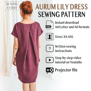 Linen dress pattern, AURUM LILY, Midi Kimono for women, pdf Sewing, All Sizes set XS-6XL, diy sewing, projector file pattern, summer dress