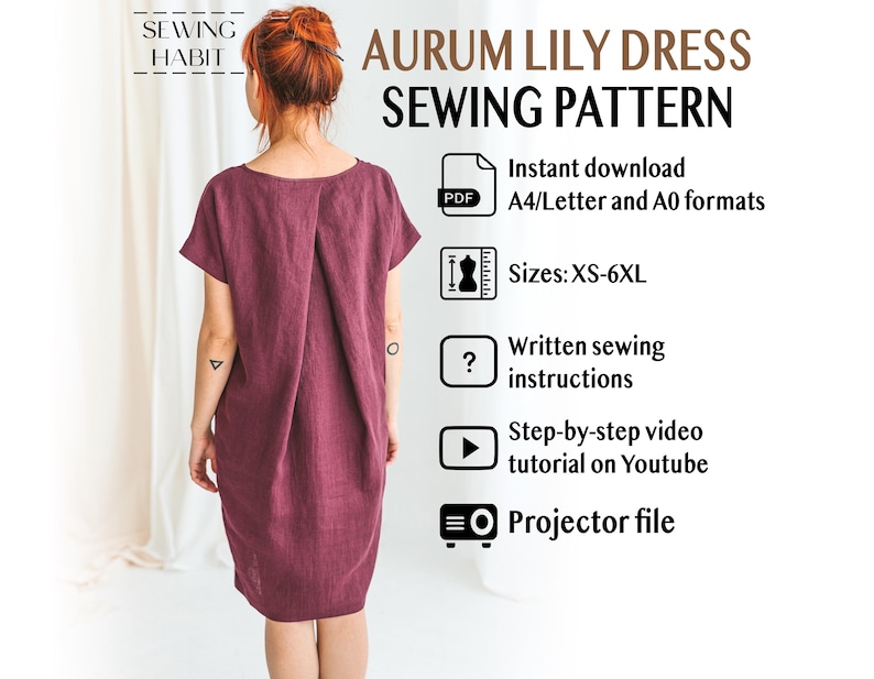 Linen dress pattern, AURUM LILY, Midi Kimono for women, pdf Sewing, All Sizes set XS-6XL, diy sewing, projector file pattern, summer dress image 1