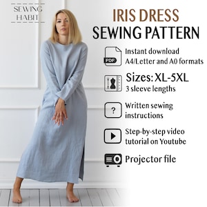 Patrón de vestido largo de lino con aberturas, vestido de lino recto, patrón de costura en PDF, ropa de lino, vestido de lino para mujer, proyector
