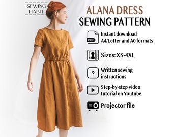 A-line dress sewing pattern, women sewing pattern, high waist with elastic waistband, summer winter dress, Sewing Habit, for woven fabric