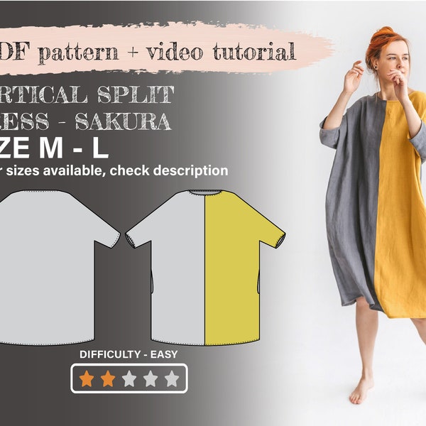 Linen loose dress sewing pattern SAKURA vertical, one size M-L, PDF, instant download digital diy video tutorial, oversize dress, pockets