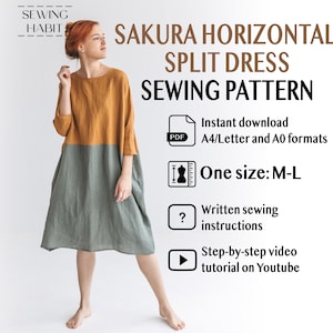 Oversized dress Sewing pattern, Kimono plus size dress, pdf pattern SAKURA, M-L size, linen dress, pockets, sewing habit