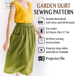 Modello di cucito per gonna a trapezio da donna, elastico in vita, tasche applicate, modelli di cucito per lino, cucito per principianti da donna, abitudine al cucito