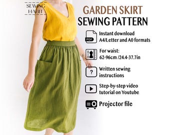 A line skirt sewing pattern for women, elastic waistband, patch pockets, linen sewing patterns, beginner sewing for women, sewing habit