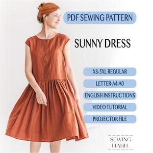 May include: A PDF sewing pattern for a rust-coloured dress titled Sunny Dress. The text includes PDF SEWING PATTERN, SUNNY DRESS, XS-5XL REGULAR, LETTER-A4-A0, ENGLISH INSTRUCTIONS, VIDEO TUTORIAL, PROJECTOR FILE, and SEWING HABIT.