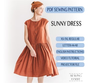 Dress with gathered skirt sewing pattern, SUNNY, cap sleeve, ruffle linen dress, diy pattern for women, loose style, sewing habit