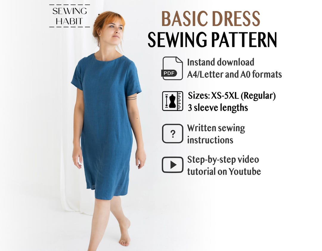 Basic Dress Sewing Pattern, for Women, PDF Sewing Pattern, Midi Length Dress, Shift Dress, Various Sleeves, With Pockets, Summer Diy