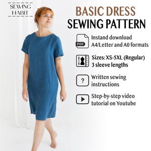Basic Dress sewing pattern, for women, PDF Sewing Pattern, Midi length dress, shift dress, various sleeves, with pockets, summer diy