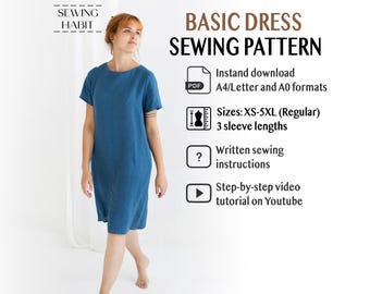 Basic Dress sewing pattern, for women, PDF Sewing Pattern, Midi length dress, shift dress, various sleeves, with pockets, summer diy