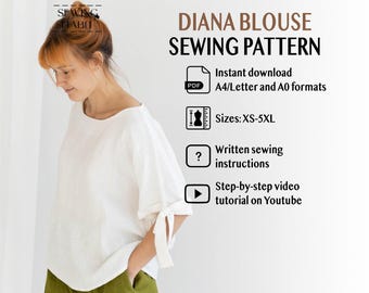 Loose kimono blouse with bows, sewing pattern for women, shift style, with cuffs, linen clothing for women, Sewing Habit, DIANA