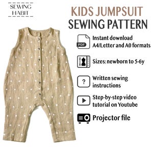 Kids linen jumpsuit sewing pattern, pdf Sewing instant download, summer overall, diy for toddlers, pattern for kids, projector file