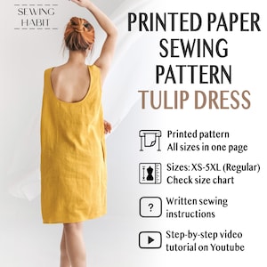 May include: Printed paper sewing pattern for a tulip dress. The pattern includes all sizes from XS to 5XL and comes with instructions and a video tutorial.