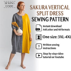 Plus size dress for women sewing pattern SAKURA vertical, one size 3XL-4XL, pdf instant download digital diy tutorial, oversize, pockets