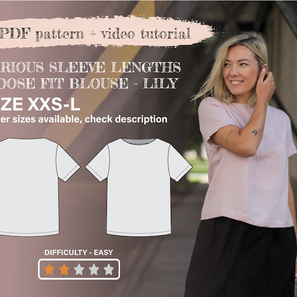 linen basic blouse LILY, printable PDF, XXS-L sizes, womens sewing pattern, sewing for women, instant download pattern, video tutorial