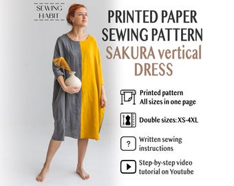 PRINTED PAPER dress sewing pattern, loose fit, for women, oversized Japan style, easy sewing , kimono sleeves, summer dress, Sewing Habit