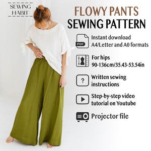 Op de afbeelding: Een vrouw draagt een witte top en een olijfgroene, losvallende broek. De afbeelding bevat de tekst "FLOWY PANTS SEWING PATTERN" en "For hips 90-136cm/35.43-53.54in". Het patroon bevat een directe download en schriftelijke instructies.