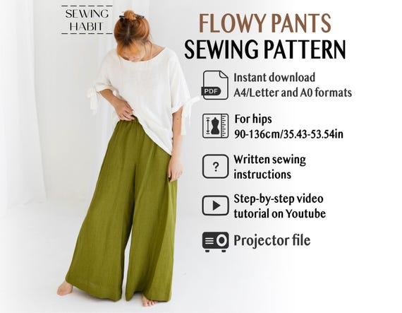 Wide leg pants sewing pattern, extra wide elastic waist pants for women, linen palazzo pants, with pockets, summer capsule closet, projector