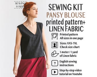 SEWING KIT with fabric, paper pattern and linen fabric, Sleeveless blouse for women, summer tuck in top, linen top, Sewing Habit