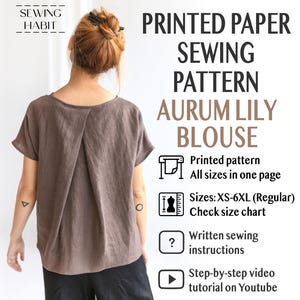 Könnte beinhalten: Gedrucktes Schnittmuster für eine Aurum Lily Bluse. Das Schnittmuster umfasst die Größen XS-6XL und wird mit Anleitungen und einem Video-Tutorial geliefert.