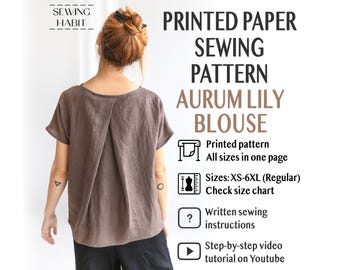 PRINTED PAPER sewing pattern, blouse, Aurum Lily top for women, short sleeves shift top, easy sewing pattern, linen top sewing, Sewing Habit