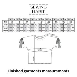 May include: Diagram of a t-shirt with measurements in cm and inches. The chart shows chest, sleeve length, and length measurements for sizes XS to 5XL. The text "SEWING HABIT" is at the top, and "Finished garments measurements" is at the bottom.