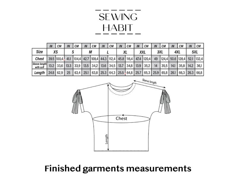 May include: Diagram of a t-shirt with measurements in cm and inches. The chart shows chest, sleeve length, and length measurements for sizes XS to 5XL. The text "SEWING HABIT" is at the top, and "Finished garments measurements" is at the bottom.