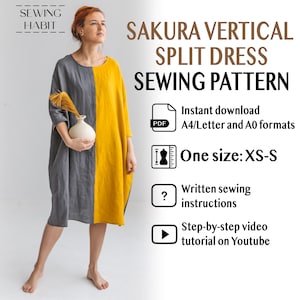 Wykrój sukienki lnianej SAKURA pionowy, rozmiar XS-S, plik PDF, natychmiastowe pobranie cyfrowego samouczka wideo DIY, szeroka sukienka z kieszeniami