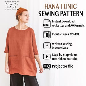 May include: A rust-colored Hana Tunic sewing pattern with a woman wearing the tunic. The pattern includes instant download in A4/Letter and A0 formats, double sizes XS-4XL, written instructions, and a YouTube tutorial.