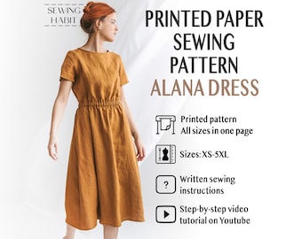 PAPER A-line dress sewing pattern, women sewing pattern, high waist with elastic waistband, summer linen dress, Sewing Habit
