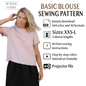 Linen basic blouse sewing pattern LILY, printable PDF, XXS-L sizes, womens sewing pattern, sewing for women, sewing habit, projector